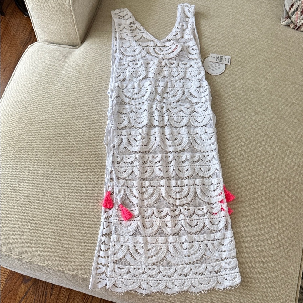 PQ Swim White Lace Kids Swim Coverup with Pink Tassels